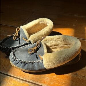 LL Bean Cozy Shearling-Lined Moccasin Slippers - Blue & Cream